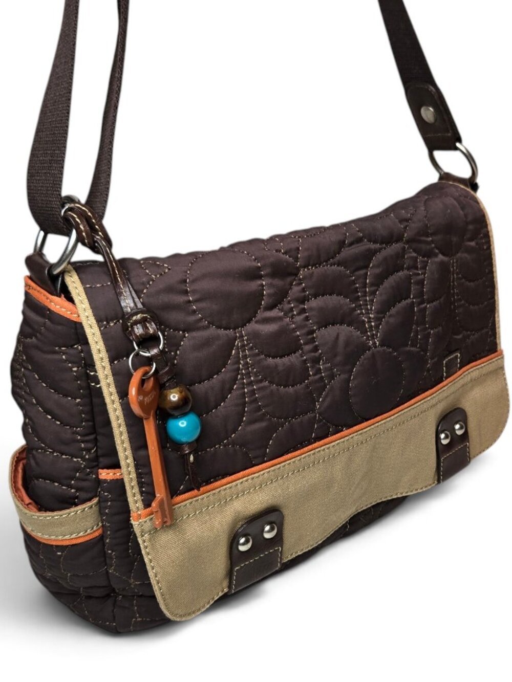 Fossil Key Per Floral Quilted Crossbody Messenger Bag Brown Orange Flap Top